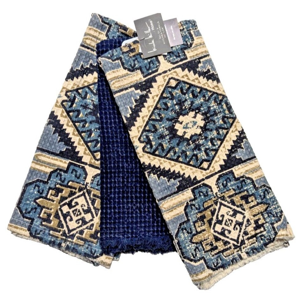 Nicole Miller Aztec Kitchen Towels Blue Cream Bohemian Print 3-pc Cotton NEW
